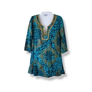 Joyous & Free | EUC Turquoise Boho Beaded Animal Print 3/4 Sleeve Tunic Top